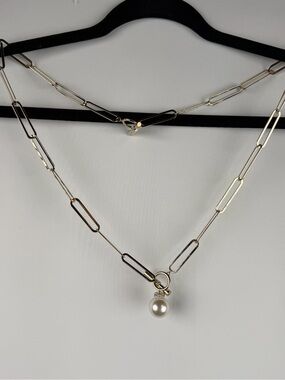 Gold Paperclip Chain Necklace with Pearl Pendant